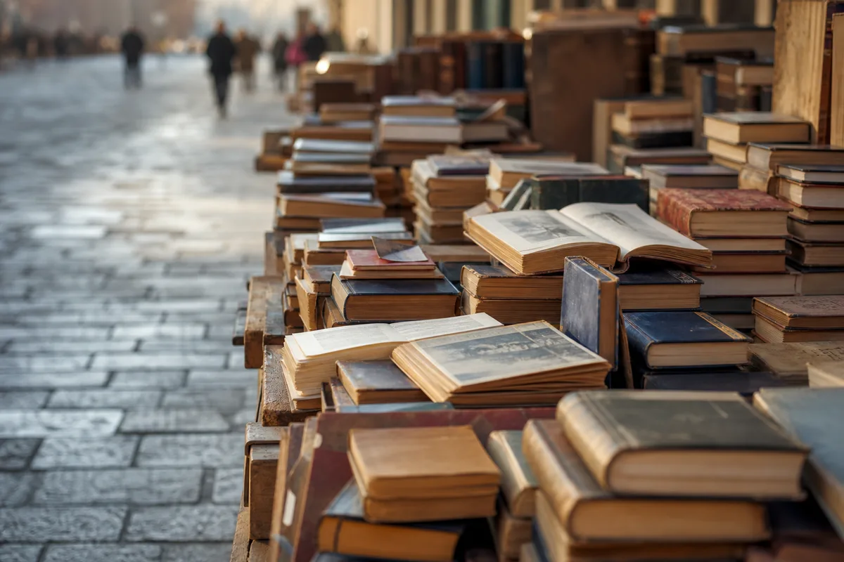 Tables de livres d’occasion installées sur une esplanade au pied des remparts de granit