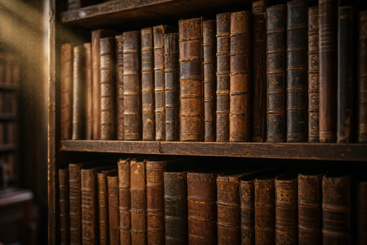 Rayonnage de livres anciens reliés en cuir dans une librairie ancienne, lumière chaude