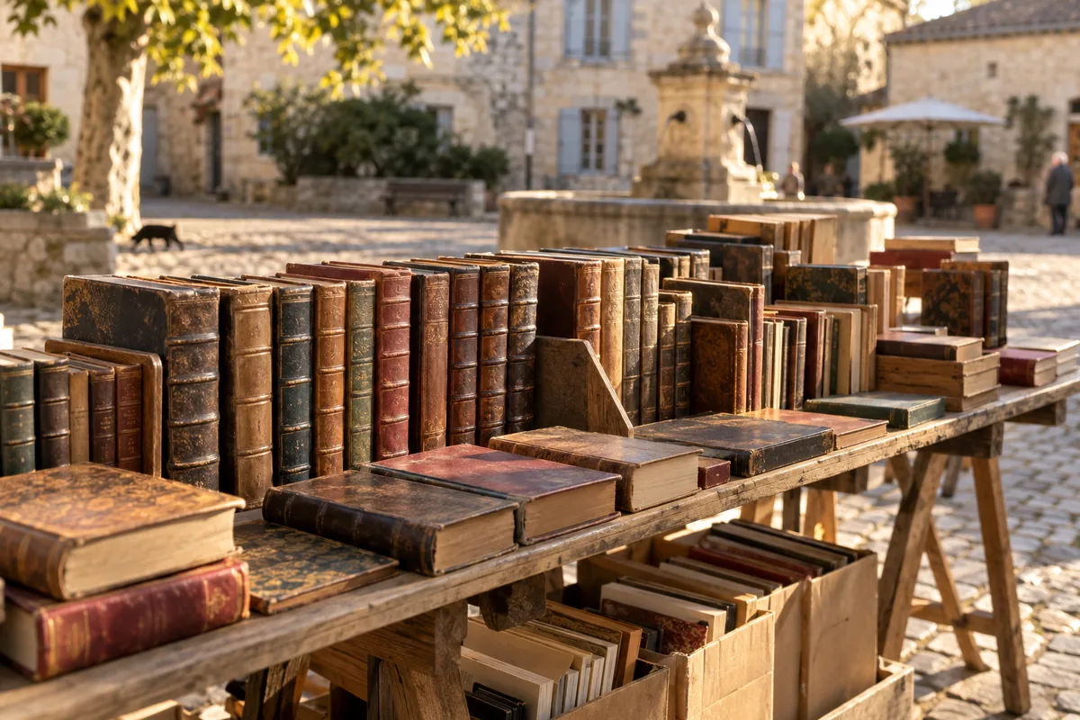 Étal de bouquiniste chargé de livres anciens reliés cuir sous le soleil du matin