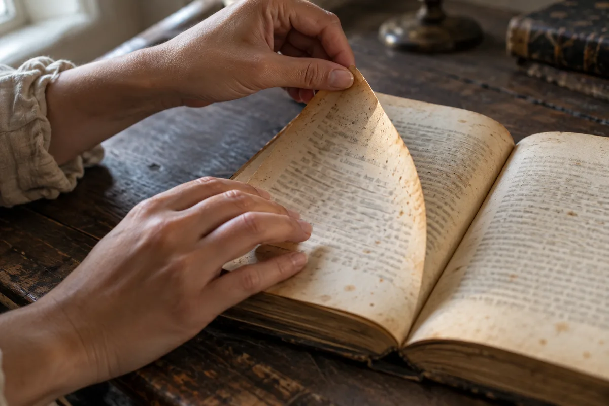 Mains tournant délicatement les pages jaunies d&rsquo;un livre ancien ouvert sur une table de bois