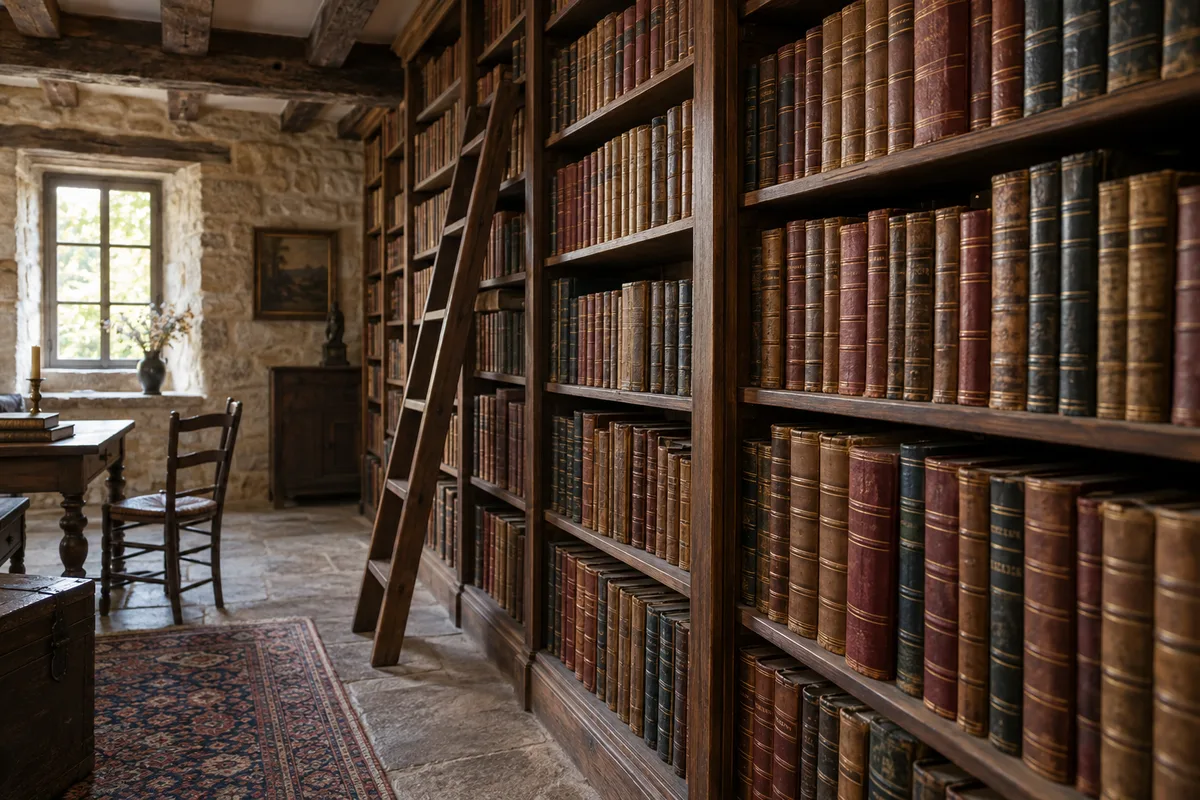 Rayonnages de livres anciens reliés dans une librairie de village aux murs de pierre