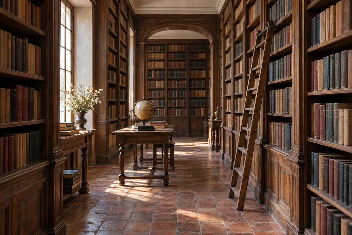 Intérieur d’une bouquinerie aux rayonnages de bois chargés de volumes reliés