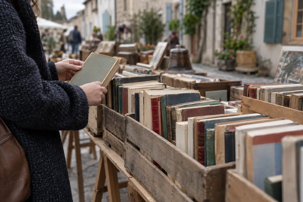 Caisses de livres d’occasion posées sur des tréteaux dans une rue de village un jour de marché