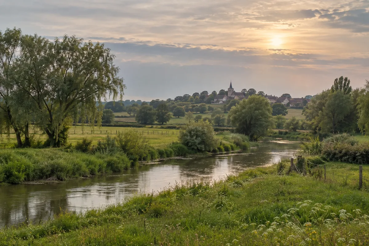 Rivière calme bordée de prairies au pied d’un village de Bresse bourguignonne