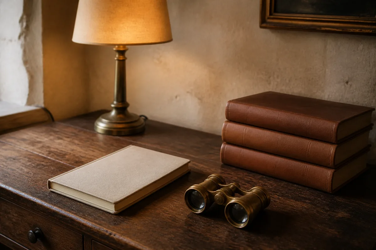 Carnet de notes ouvert et carte dépliée sur une table de bois près d’une fenêtre