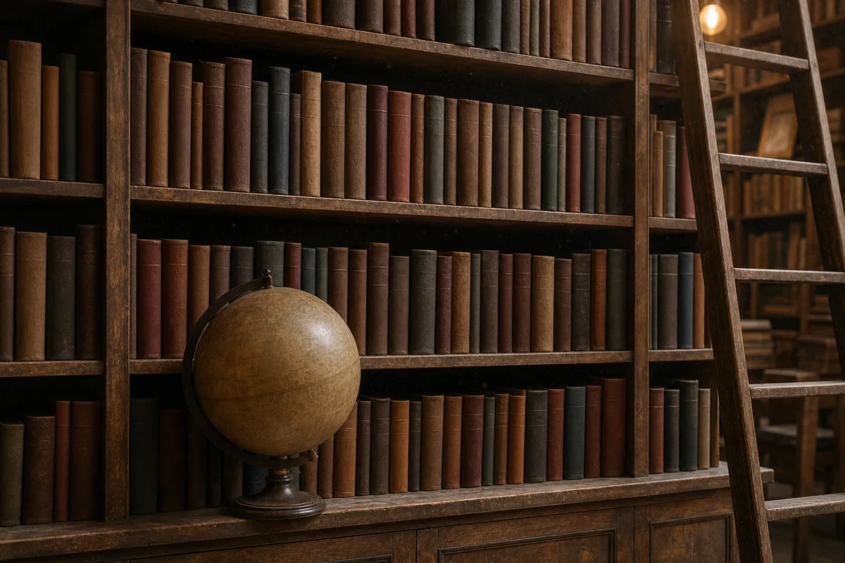 Rayonnage de livres anciens et globe terrestre dans une librairie d’occasion