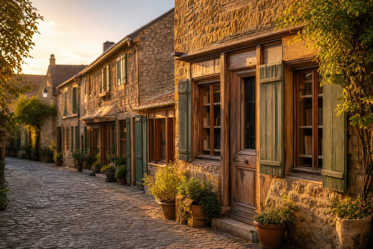 Ruelle pavée de Fontenoy-la-Joûte bordée d’anciennes granges en pierre reconverties en librairies