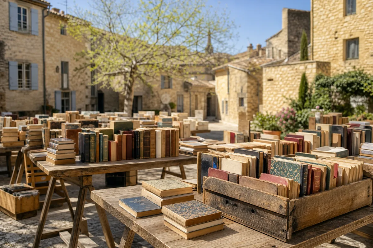 Étals extérieurs de bouquinistes en bois pour le Grand Déballage de printemps à Fontenoy-la-Joûte
