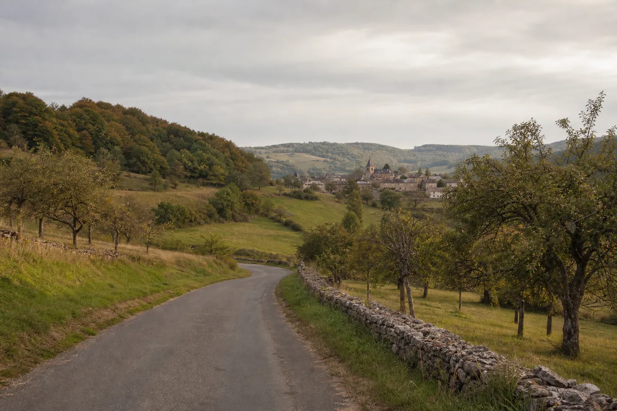 Route de campagne lorraine à travers collines boisées et vergers menant vers le village