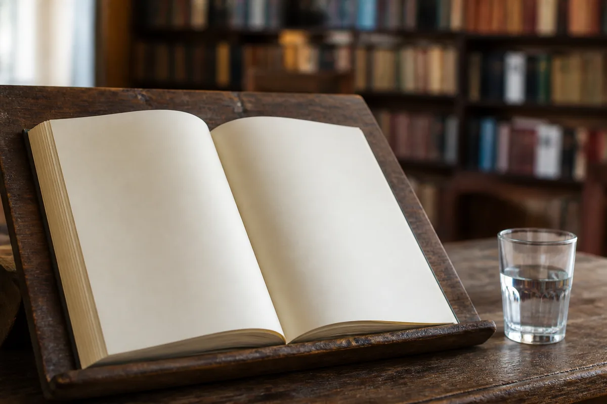 Pupitre de bois et livre ouvert dans une petite bibliothèque de village