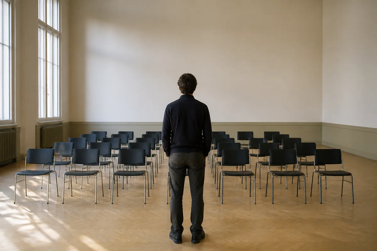 Silhouette de dos face à des chaises vides dans une salle communale