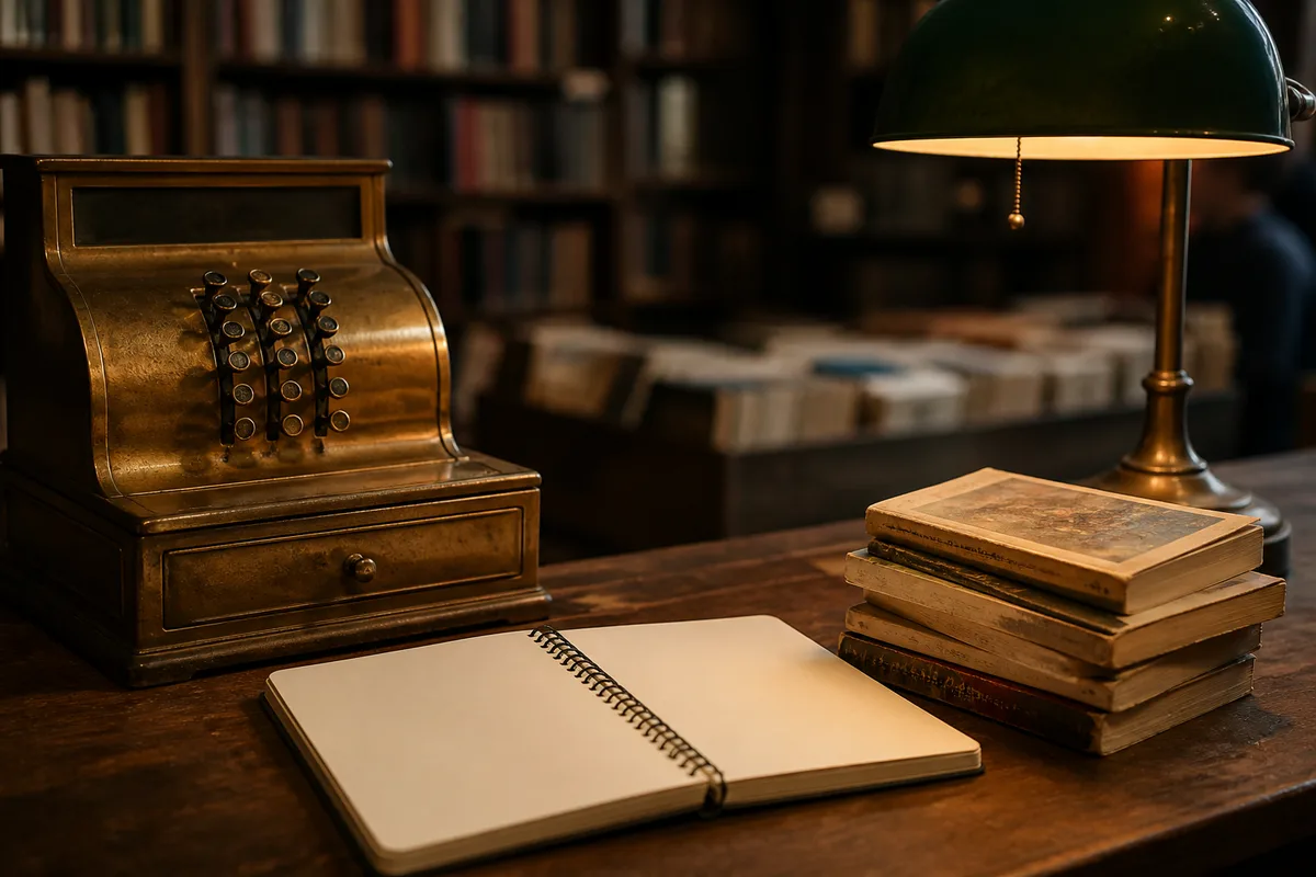 Comptoir de librairie d’occasion éclairé par une lampe de bureau