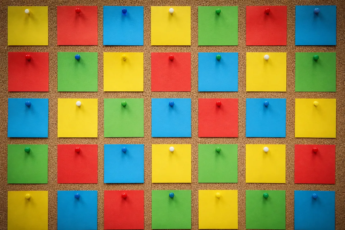 Mosaïque serrée de petites vignettes colorées sur un panneau de liège