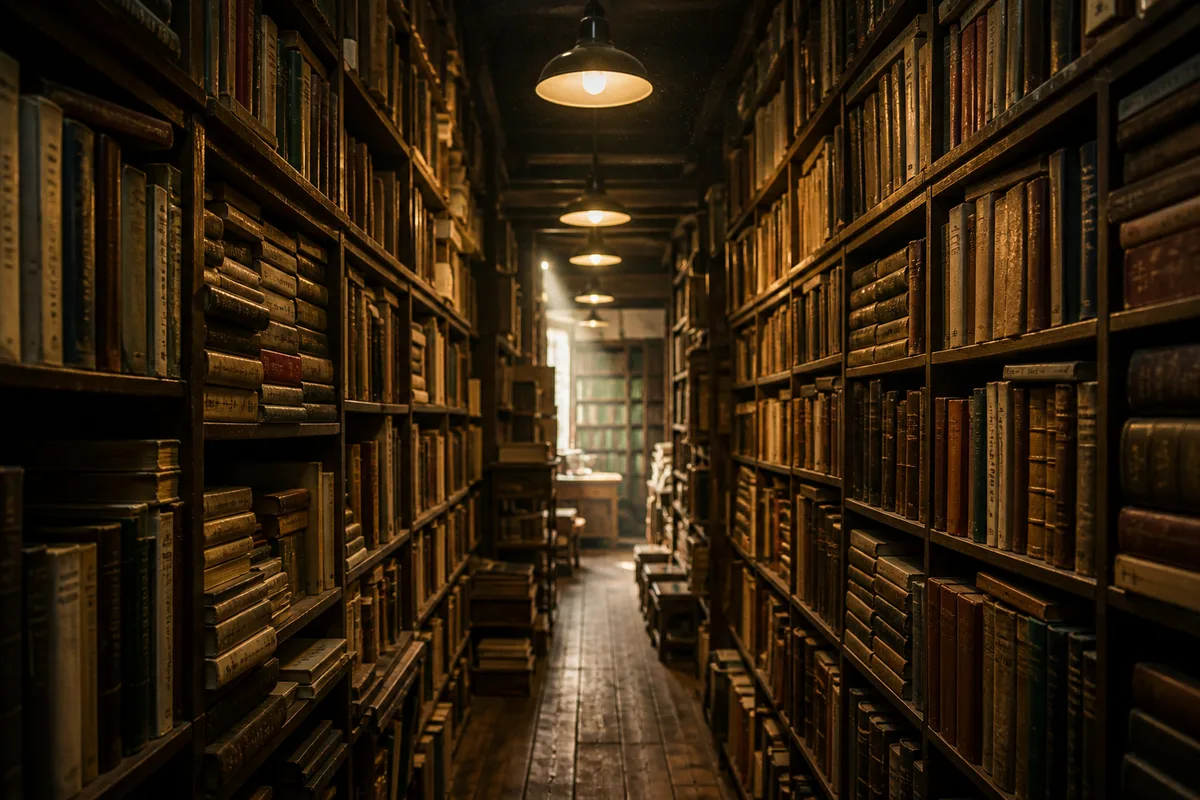 Rayonnages d’une librairie d’occasion vus depuis l’allée centrale