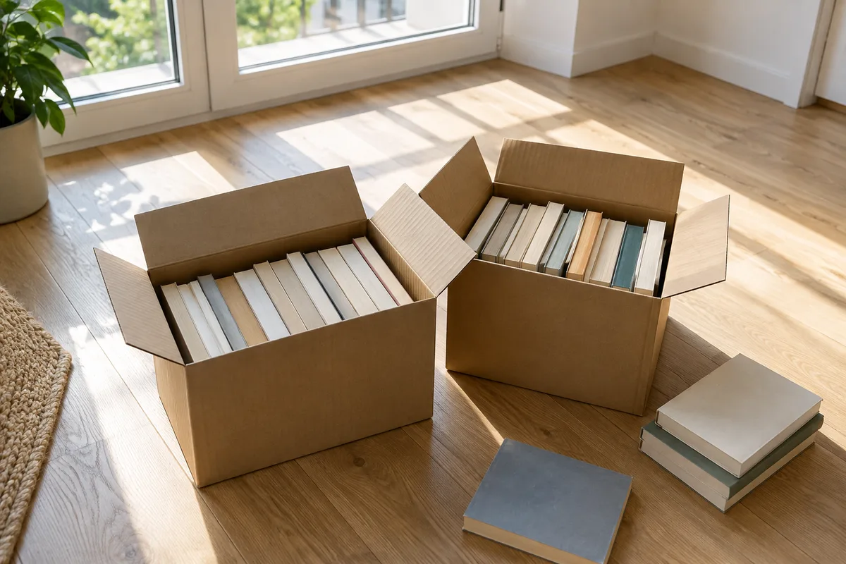 Cartons ouverts remplis de livres de poche posés sur un parquet devant une fenêtre