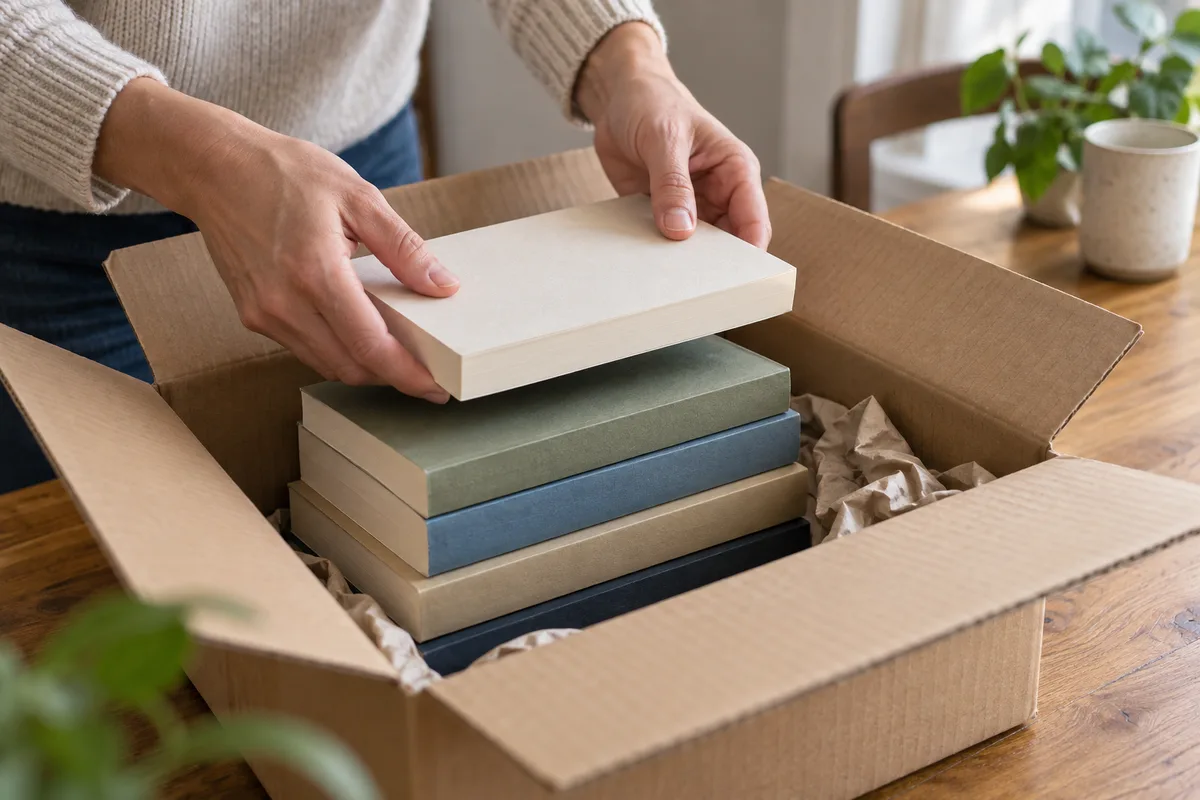 Mains empilant des livres de poche dans un carton ouvert posé sur une table en bois
