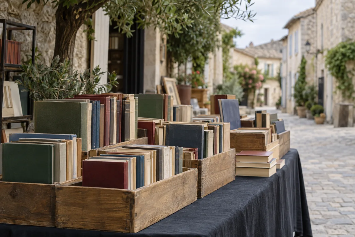 Étal de bouquiniste en extérieur vu de trois quarts, caisses de livres rangés par formats