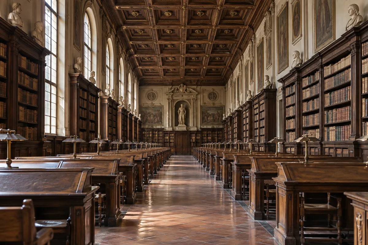 Salle de bibliothèque historique aux boiseries sombres et pupitres alignés dans la lumière