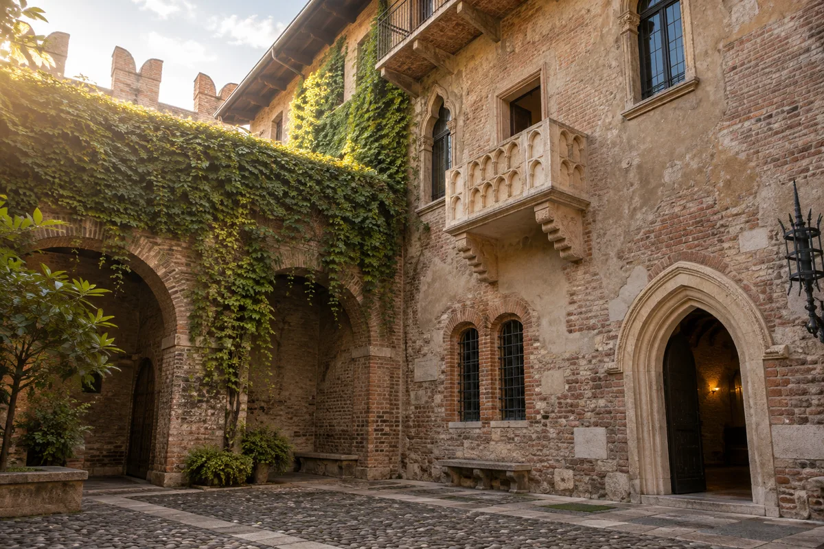 Balcon de pierre sculptée surplombant une cour pavée de Vérone dans la lumière du matin