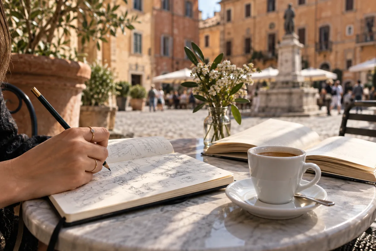 Carnet ouvert et livre corné posés sur une table de café en terrasse d&rsquo;une place italienne