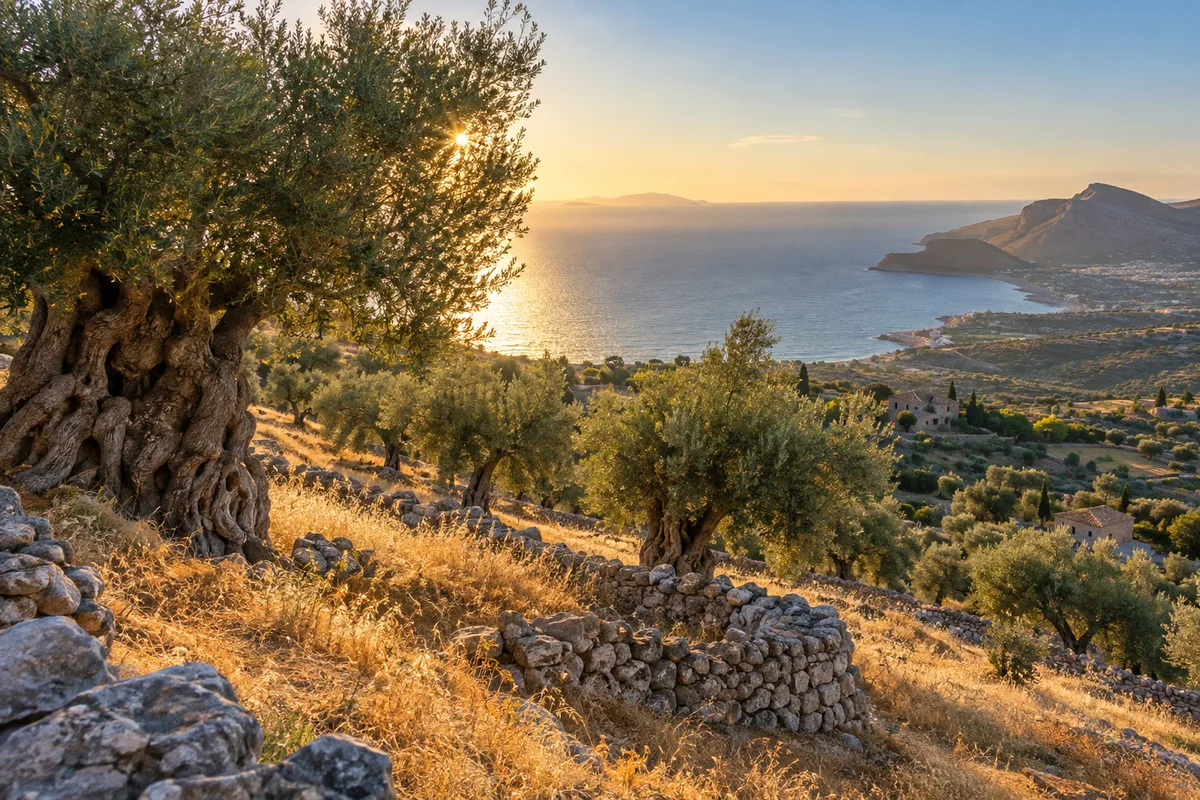 Oliviers centenaires sur une colline sicilienne avec la mer scintillante au loin
